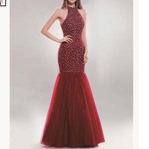 Red Beaded Halter Neck Mermaid Prom Dress